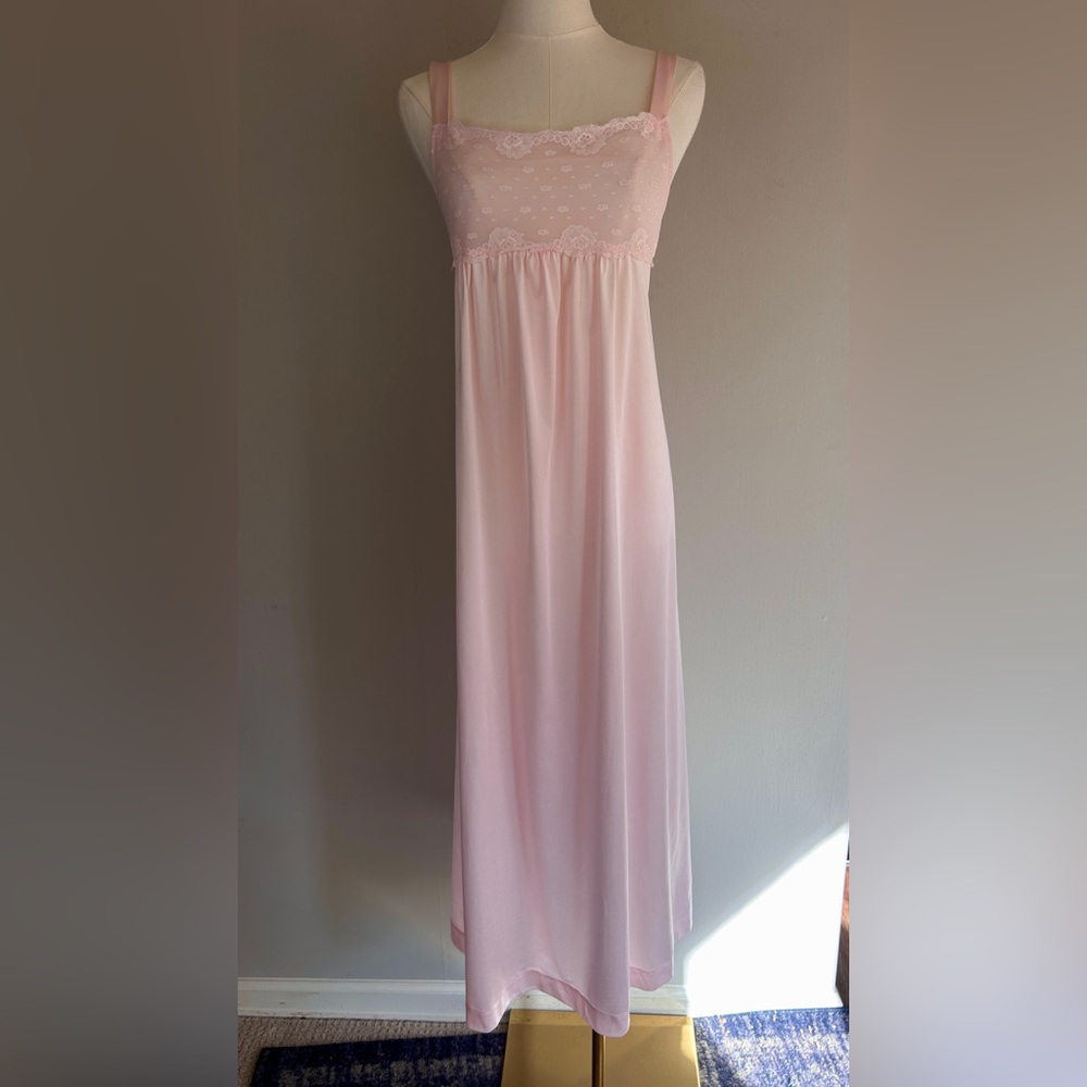 Vintage 70s Shadowline Pink Babydoll Maxi Nightgown Coquette Fairy Princess XS/S - Picture 3 of 11
